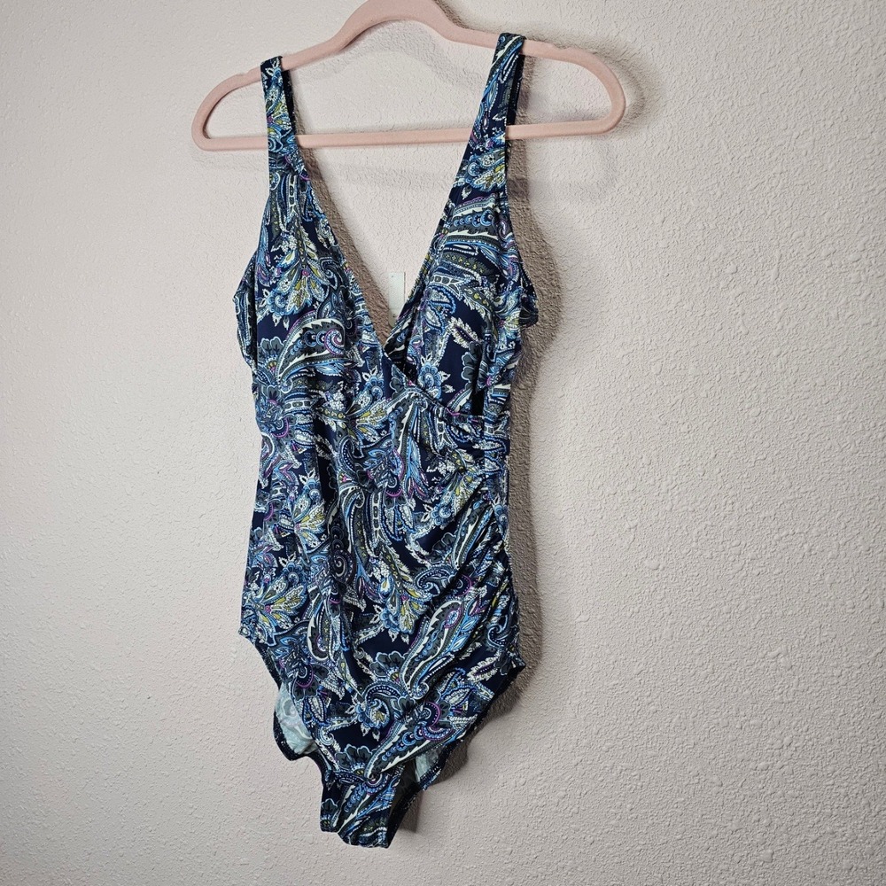 Miraclesuit Paisley Print One Piece Swimsuit Women V Neck Ruched Tummy Control